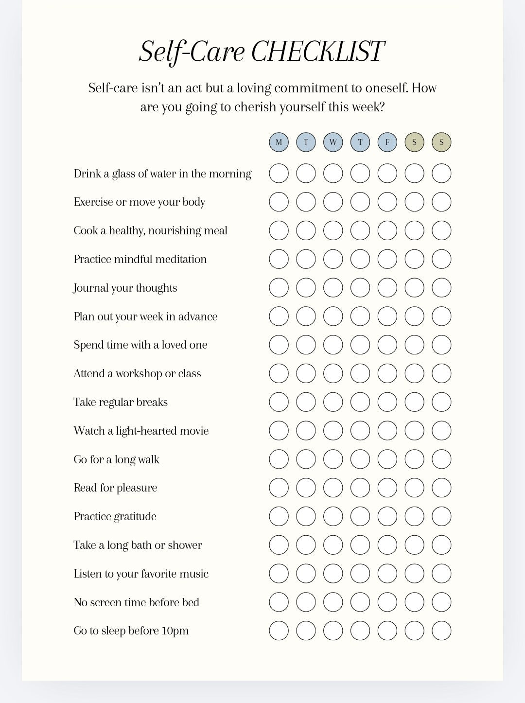 Self care checliklist digital template